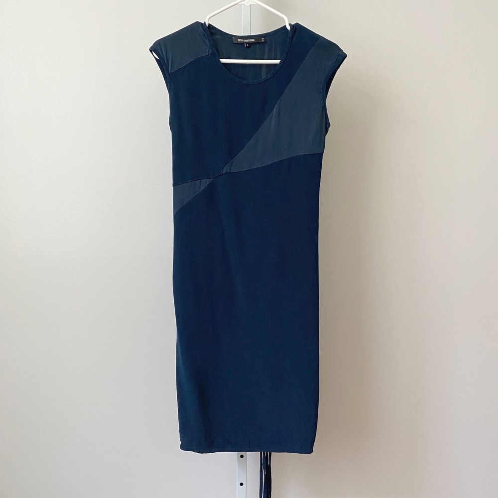 Tess Giberson 100% Silk Office Siren Minimalist Colorblock Sheath Dress 4  Blue